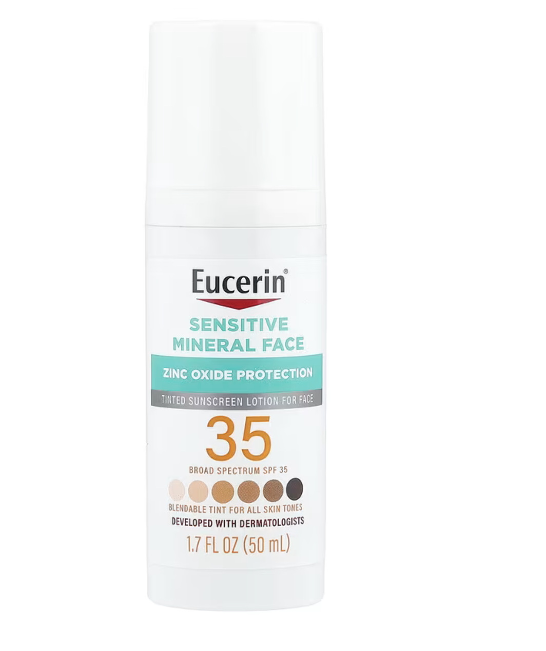 Eucerin, Loción con protector solar mineral para rostro sensible con color, FPS 35, 50 ml